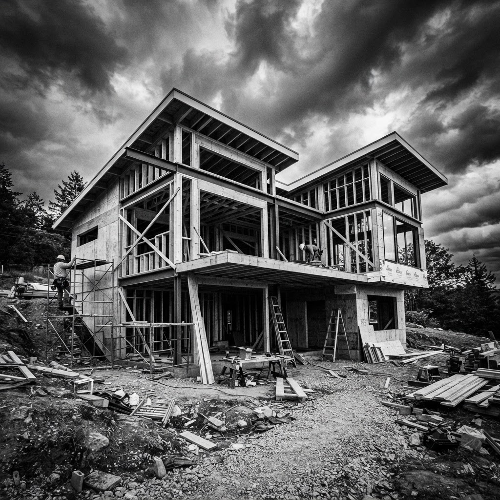 Home under construction with exposed timber framing